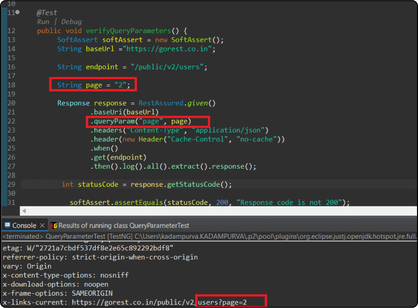 Response of Query Parameter Test in Rest Assured