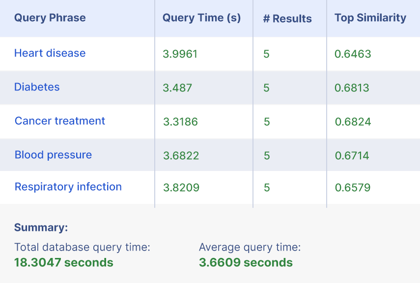 Sample queries and results before implementing HNSW indexing