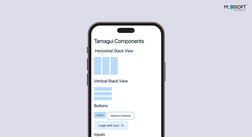 Tamagui UI components showcased in a mobile app on React Native Expo.