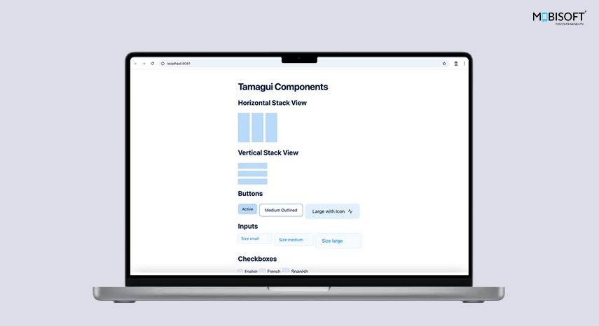 Tamagui UI components displayed in a React Native Expo web app.