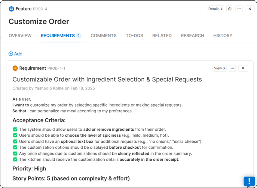 AI-powered customized order requirement generation in project management.