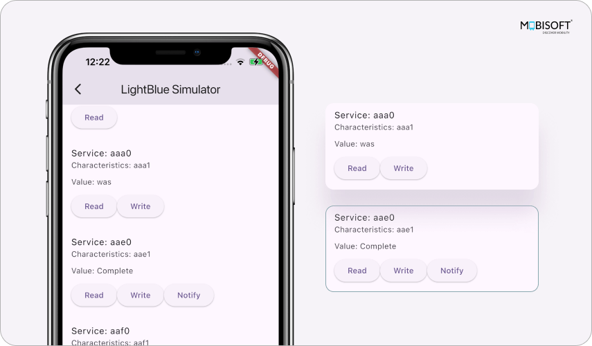 DeviceDetails page showing read, write, and notify functionality in Flutter