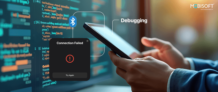 Flutter Bluetooth debugging interface showing error and connection logs