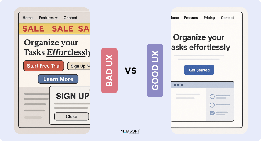 Bad UX vs Good UX: What Influences Customer Behavior Comparison of bad and good UX design highlighting user impact