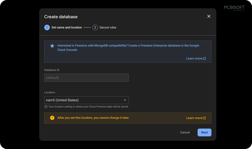 Create Firestore Database Create a Firestore database in Firebase