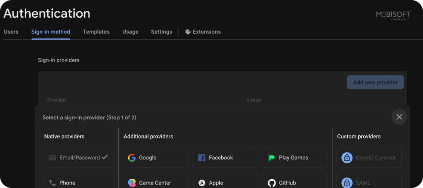 Enable Authentication in Firebase Enable Firebase authentication options