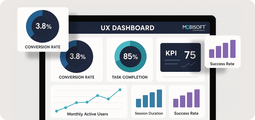 UX dashboard displaying performance metrics and KPIs