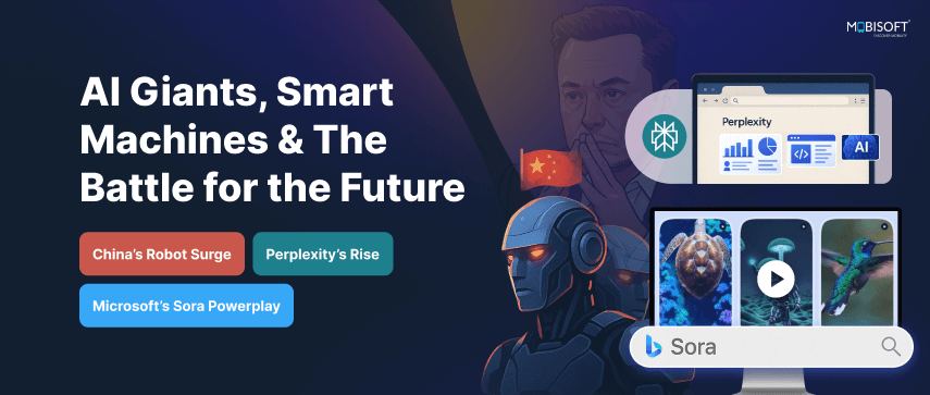 AI arms race 2025 featuring humanoid robots, Perplexity AI, Microsoft Sora, and China robotics
