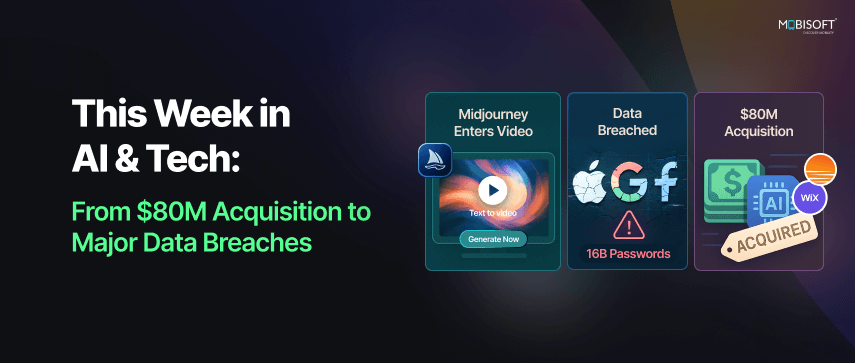 AI and tech news banner highlighting $80M startup exit, Meta AI developments, and Apple data breach