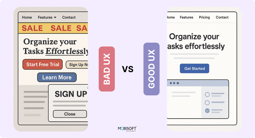 Side-by-Side UX Comparison - Bad vs Good UX Design Comparison between bad UX design and good UX design for conversion optimization