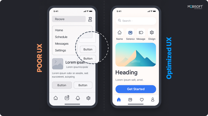 A side-by-side view showing improved mobile app UX design