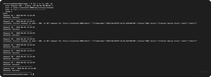 Curl Output: Circuit Breaker Call output in terminal for resilience4j circuit breaker
