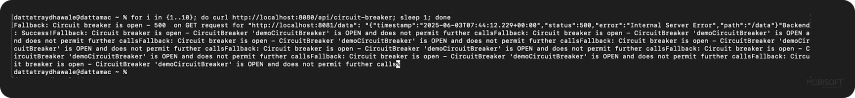 Curl Loop Testing Circuit Breaker resilience4j fallback method logs in circuit breaker