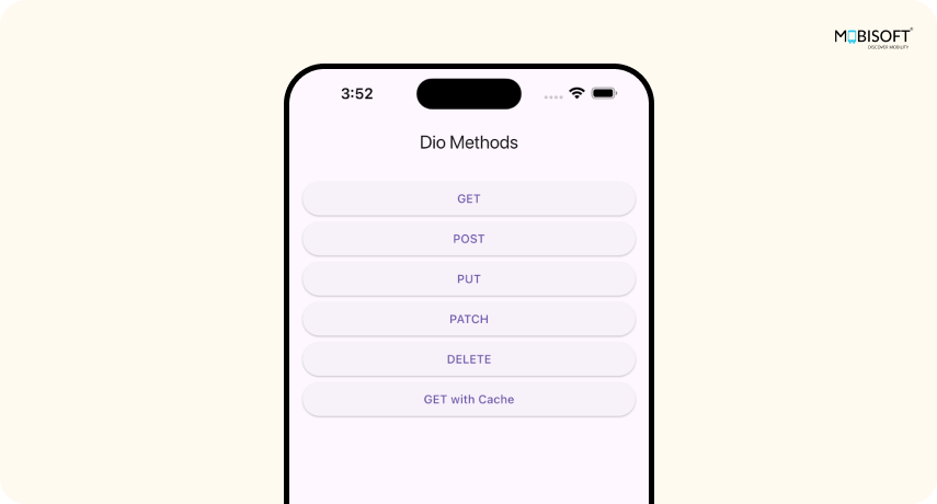 Flutter Dio UI Emulator Output Flutter Dio API client running on emulator