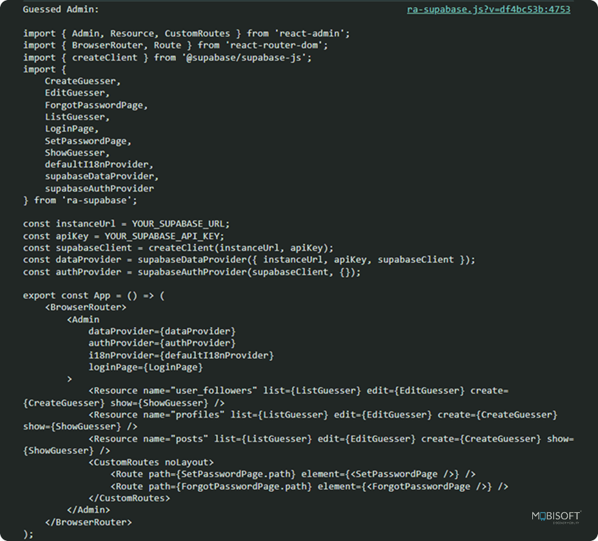 React Admin Code Hierarchy Browser Console View React admin dashboard code structure preview