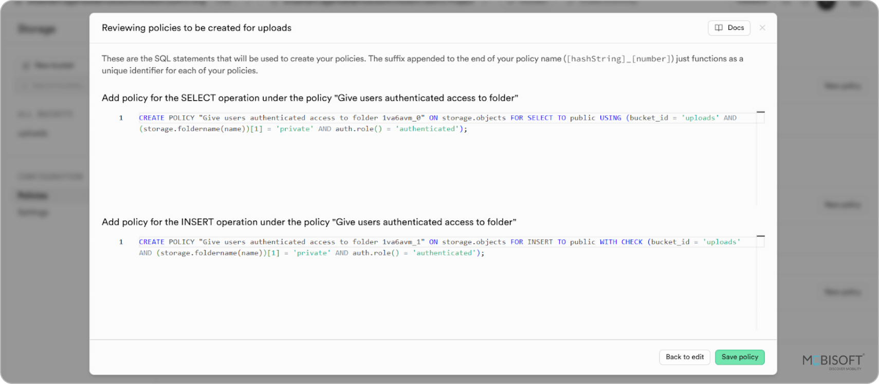 Review Supabase upload policy before applying