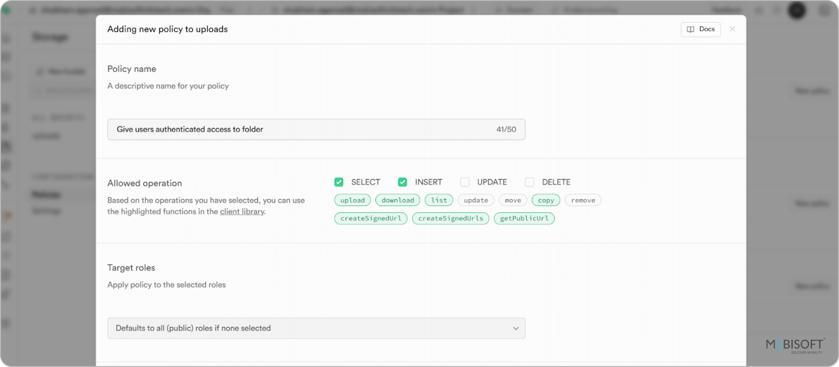 Add new Supabase policy for uploading files.