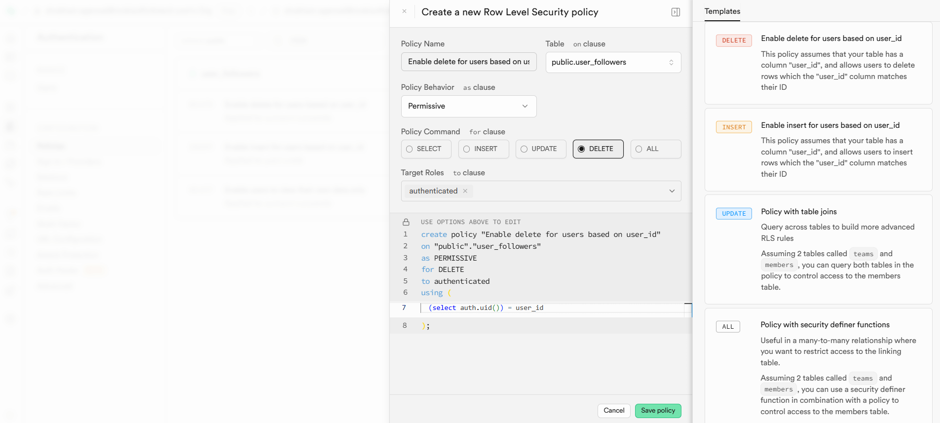 Supabase policy to allow user-specific delete in the followers table