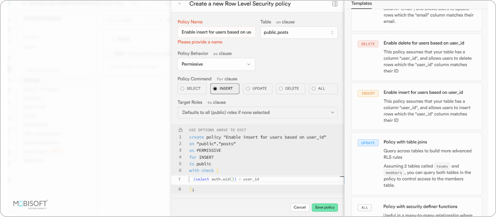 Supabase policy to allow users to insert their posts