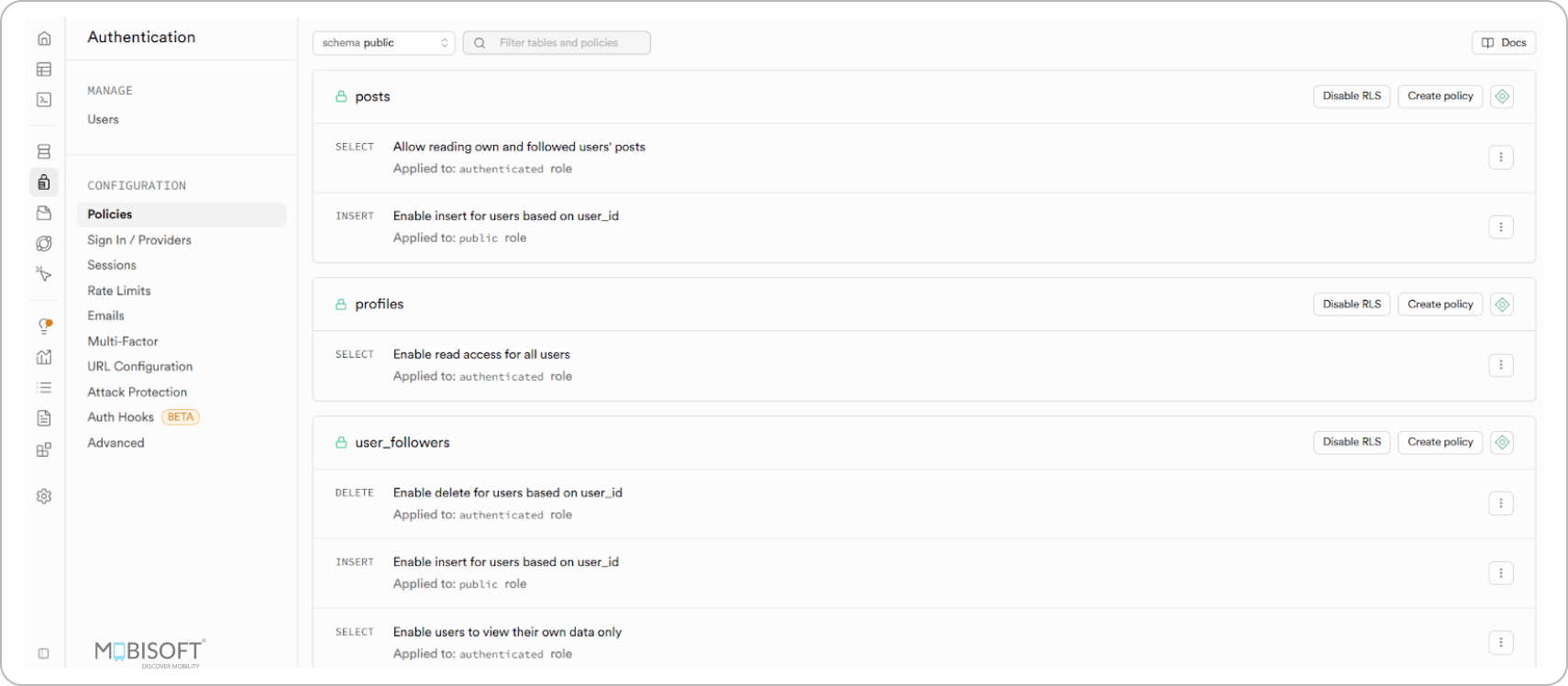 Supabase policy to read posts by self or followed users
