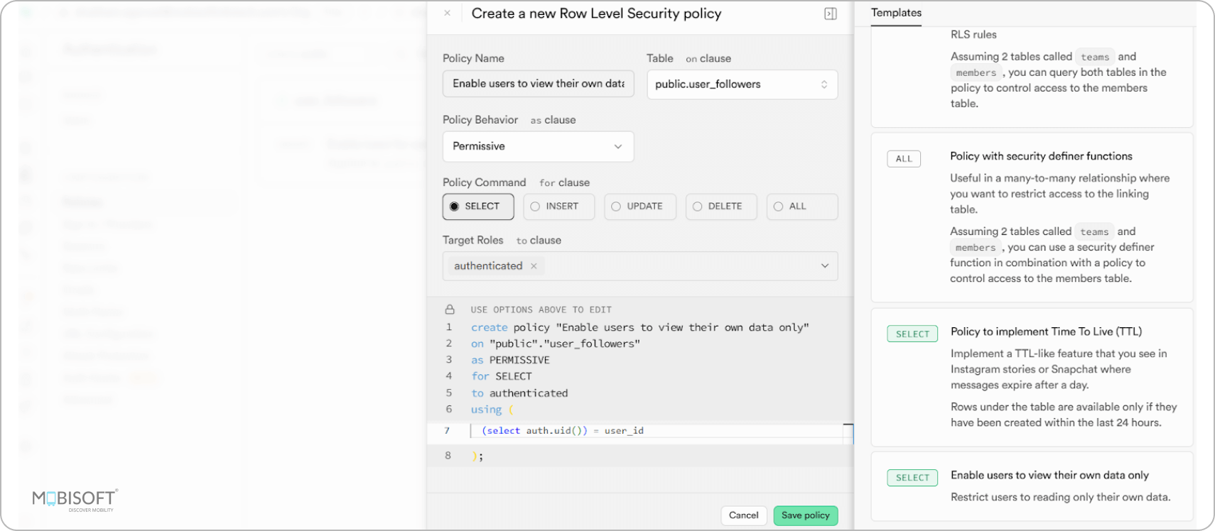 Policy for users to view their followers in Supabase
