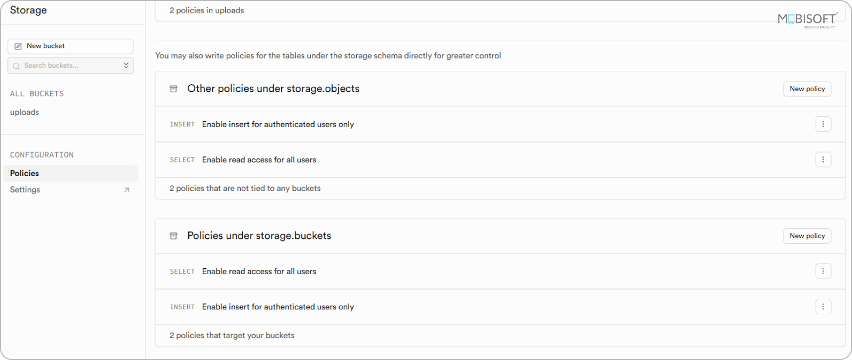 Additional Supabase storage policies for objects