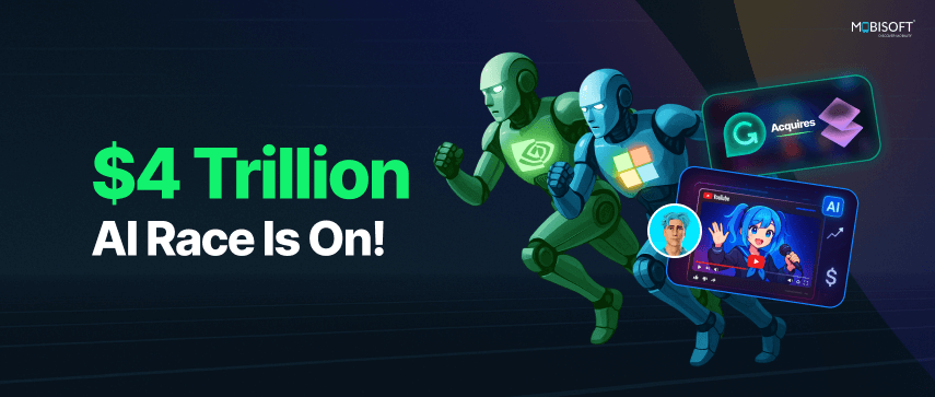 The $4 Trillion AI Market Race Between Nvidia and Microsoft Illustration of Nvidia and Microsoft racing for AI dominance in a $4 trillion market, symbolizing AI market growth and investments in 2025