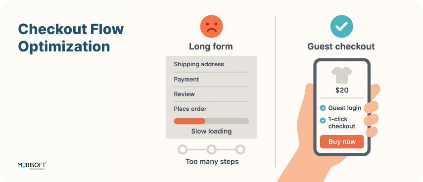 Optimized Checkout Flows for Lower Abandonment Rates A Diagram showing checkout optimization tips to reduce cart abandonment
