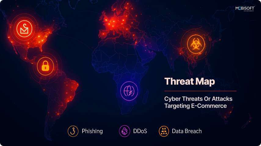 Global Threat Landscape for E-commerce Visual threat map of ecommerce cyber attacks across regions