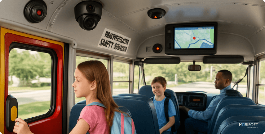 School Bus with Safety Features School bus equipped with GPS, CCTV, and RFID for safety