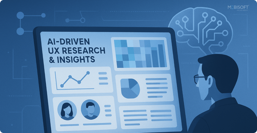 Graphic showing AI-driven UX research and insights for product design
