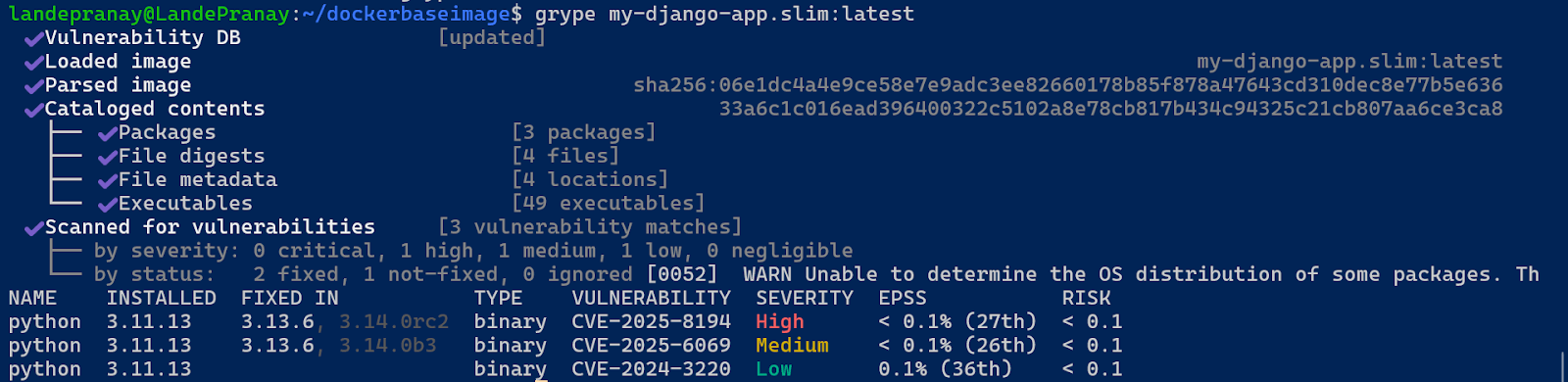 Grype vulnerability scan for Docker image my-django-app.slim