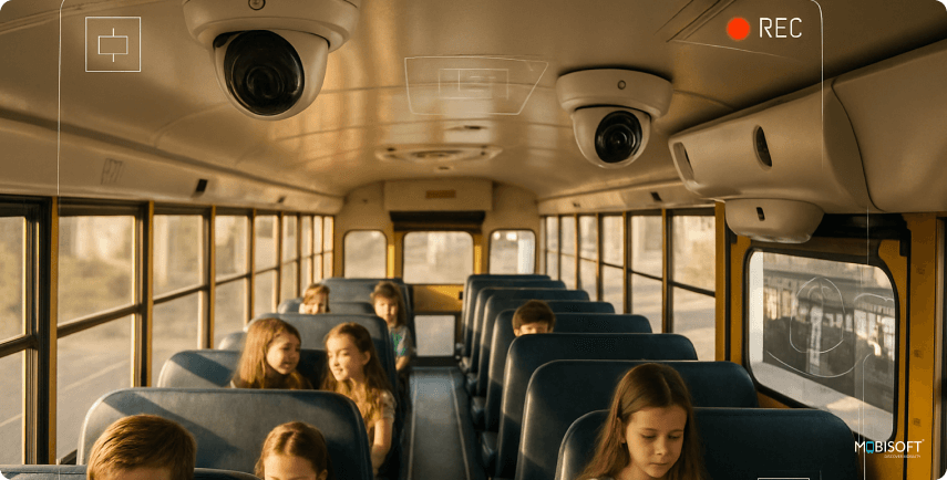 CCTV camera monitoring school bus behavior Onboard camera system monitoring school bus activity