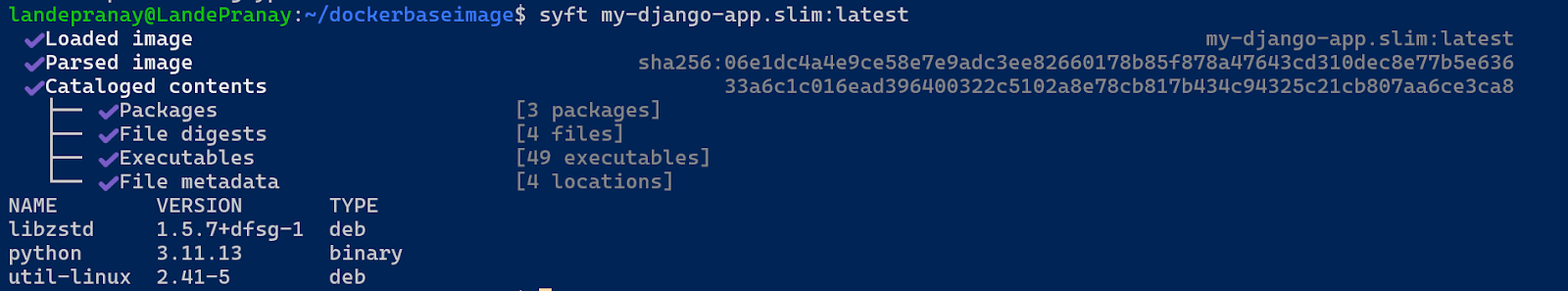 Syft software bill of materials for Docker image my-django-app.slim
