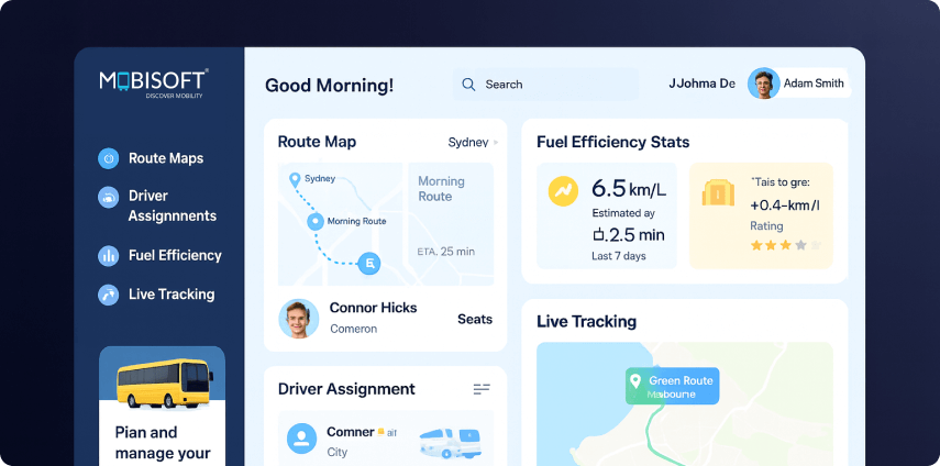 Dashboard of bus route optimization showing real-time route optimization and fleet efficiency metrics