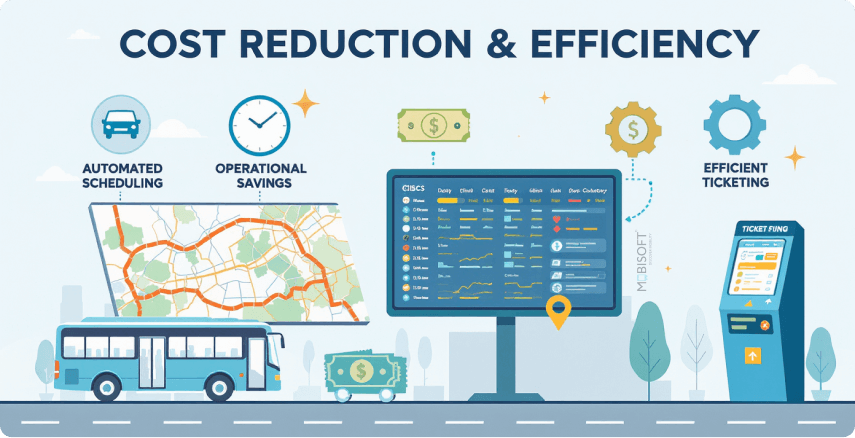 Cost Reduction and Efficiency with Bus Reservation Software Illustration showing cost reduction and efficiency benefits using bus reservation software for travel companies