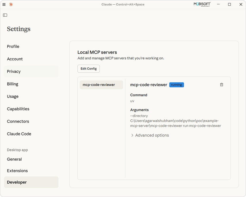 Developer Option in Claude Desktop Developer option settings in Claude Desktop for MCP server configuration