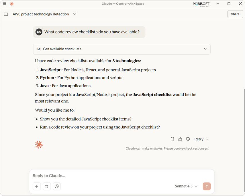Execute get_available_checklists tool in MCP inspector for code review