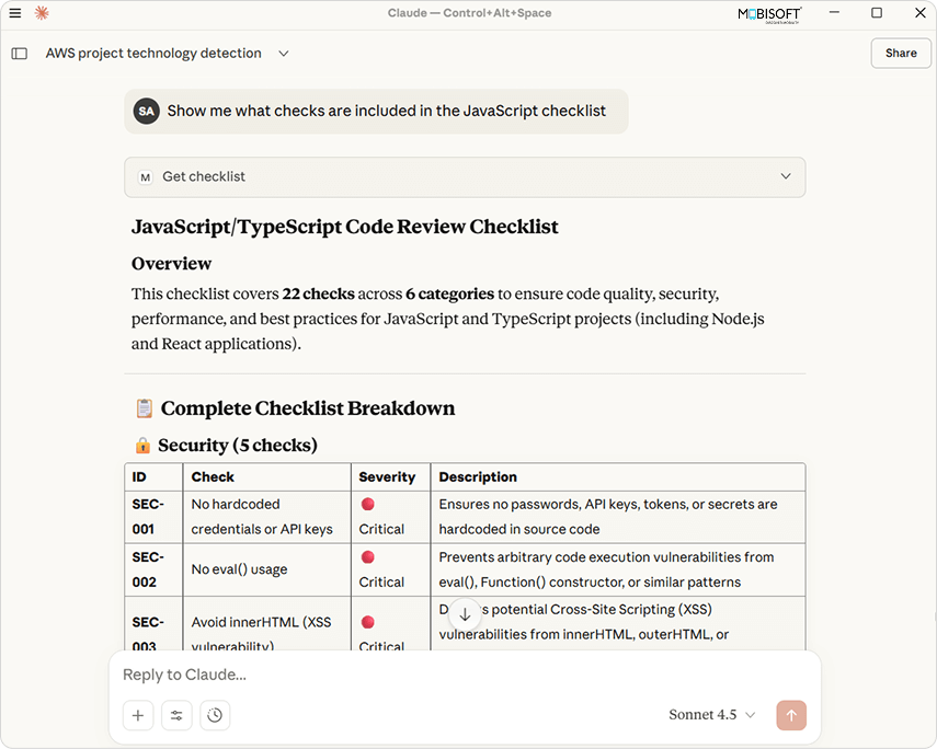 JavaScript checklist results in MCP inspector for AI agent testing