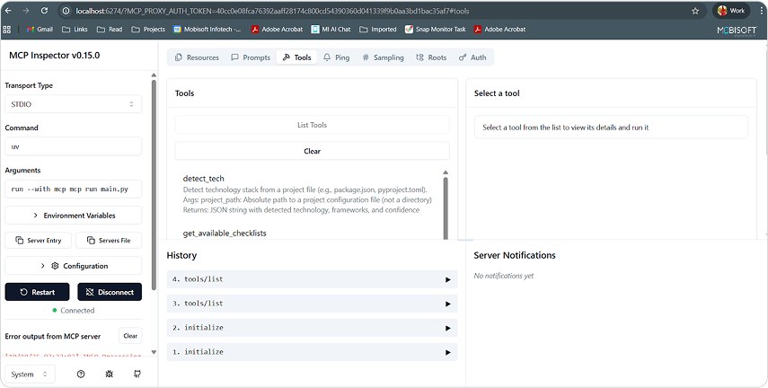 List tools in MCP inspector for code review automation