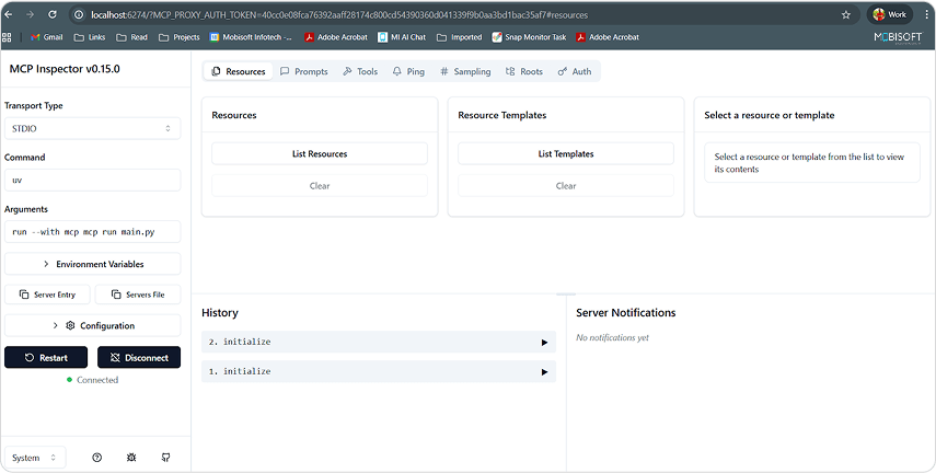 Open MCP inspector URL in browser for AI agent testing