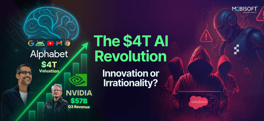 Illustration of the $4 trillion AI revolution showing rapid innovation, market volatility, and emerging safety and security risks.
