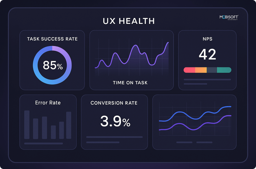 UX performance metrics and health visualization dashboard