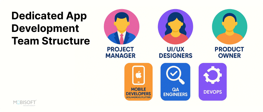 Breakdown of a dedicated app development team structure for enterprise mobile app development. Dedicated App Development Team Structure