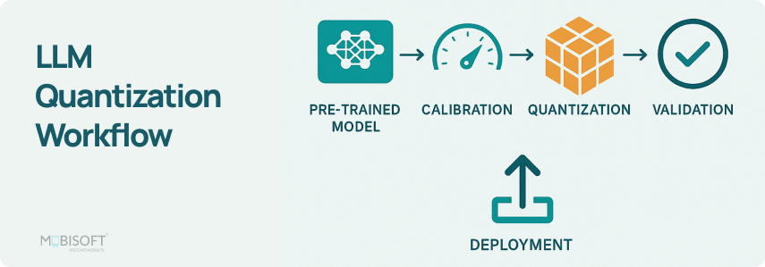 LLM quantization workflow showing quantization algorithms and post-training quantization steps.
