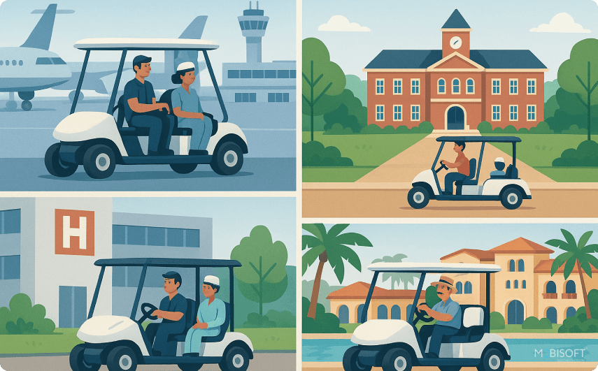 Golf Cart Applications Across Multiple Facility Types Golf carts and utility vehicles used across campuses, worksites, and commercial facilities.