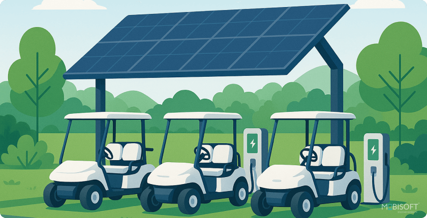 Sustainable Facility Mobility With Electric Golf Carts Electric golf carts charging to support sustainable facility mobility solutions.