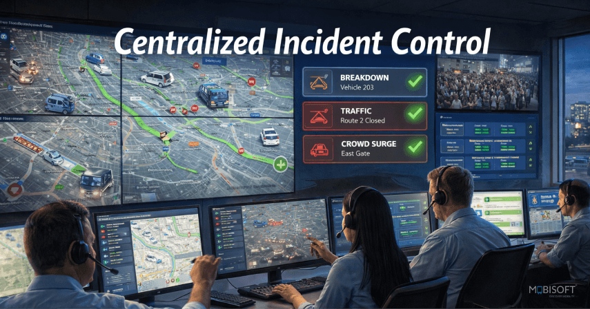  event transportation control center with transportation management system and real time fleet tracking dashboard