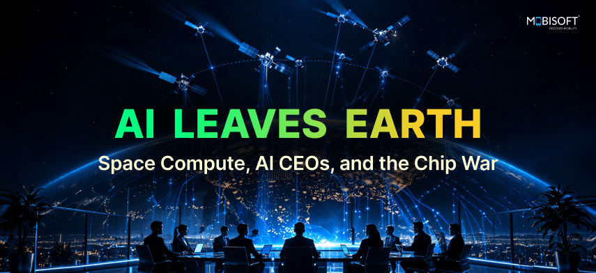 AI space computing concept showing orbital data centers, AI CEOs, and chip war between tech giants