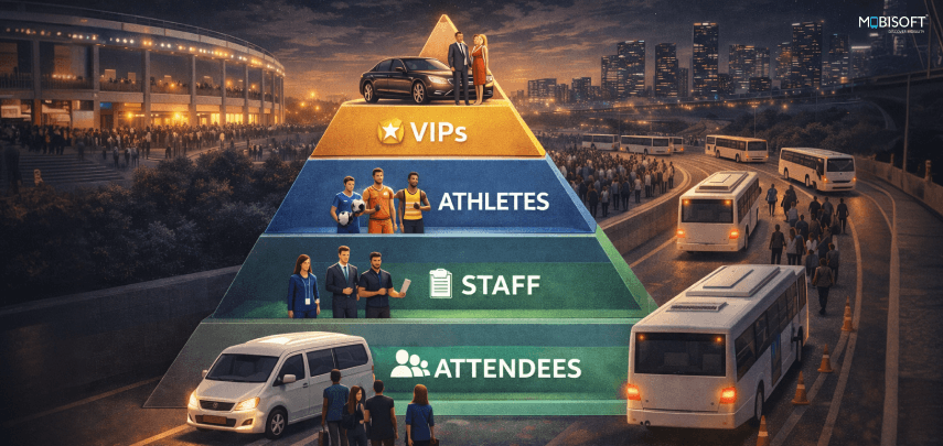 client pyramid visualization for multi-tier event transport management in large event transportation planning
